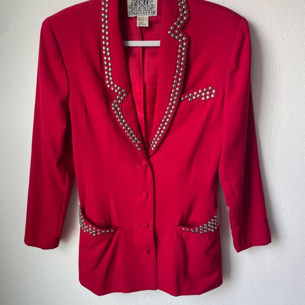 Vintage 80s Pixie Hopkin 100% Wool Studded Punk Blazer Jacket Red 10
